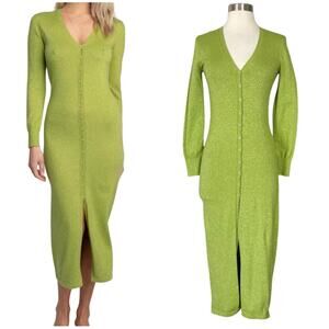 Resa | Revolve Lime Green Sparkle Knit Button Long Sleeve Midi Sweater Dress XS